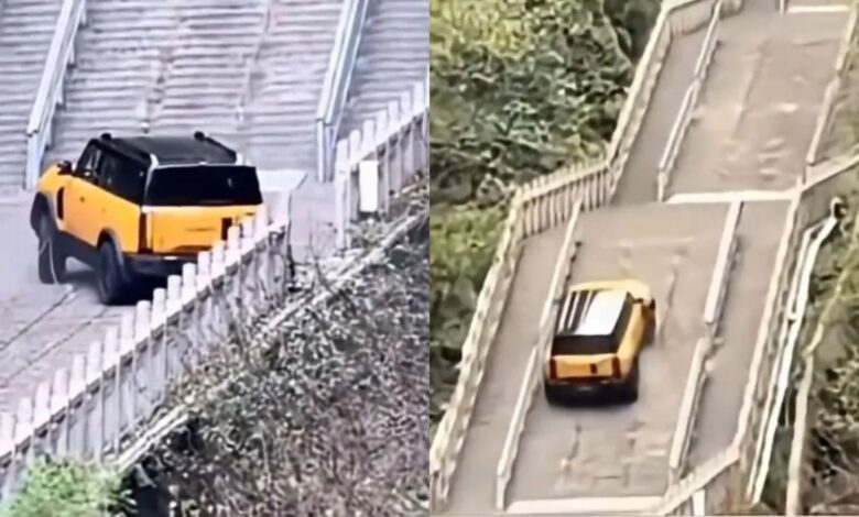 SUV híbrido da Chery tenta subir escadaria histórica na China, perde tração nos 999 degraus da Montanha Tianmen e danifica estrutura turística.
