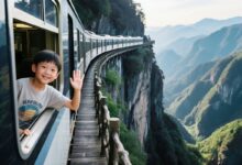 O trem elétrico da Montanha Dajue percorre falésias a 1.200 metros e leva turistas por um circuito panorâmico com vistas épicas e experiência completa na montanha.