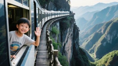 O trem elétrico da Montanha Dajue percorre falésias a 1.200 metros e leva turistas por um circuito panorâmico com vistas épicas e experiência completa na montanha.