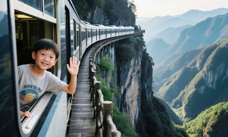 O trem elétrico da Montanha Dajue percorre falésias a 1.200 metros e leva turistas por um circuito panorâmico com vistas épicas e experiência completa na montanha.