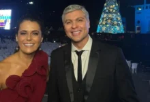 Adriana Araújo e Joel Datena no Natal Para o Bem. Foto: Band