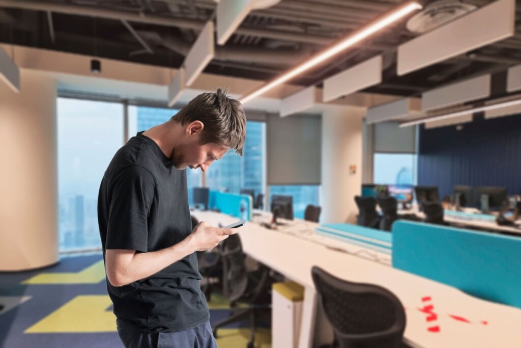 Homem com coluna hipercifótica mexendo em um celular 