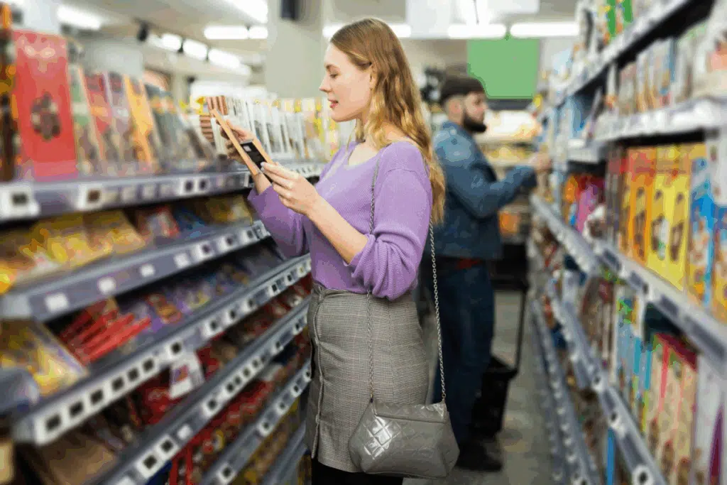 Mulher no corredor de um mercado segurando duas barras de chocolate 